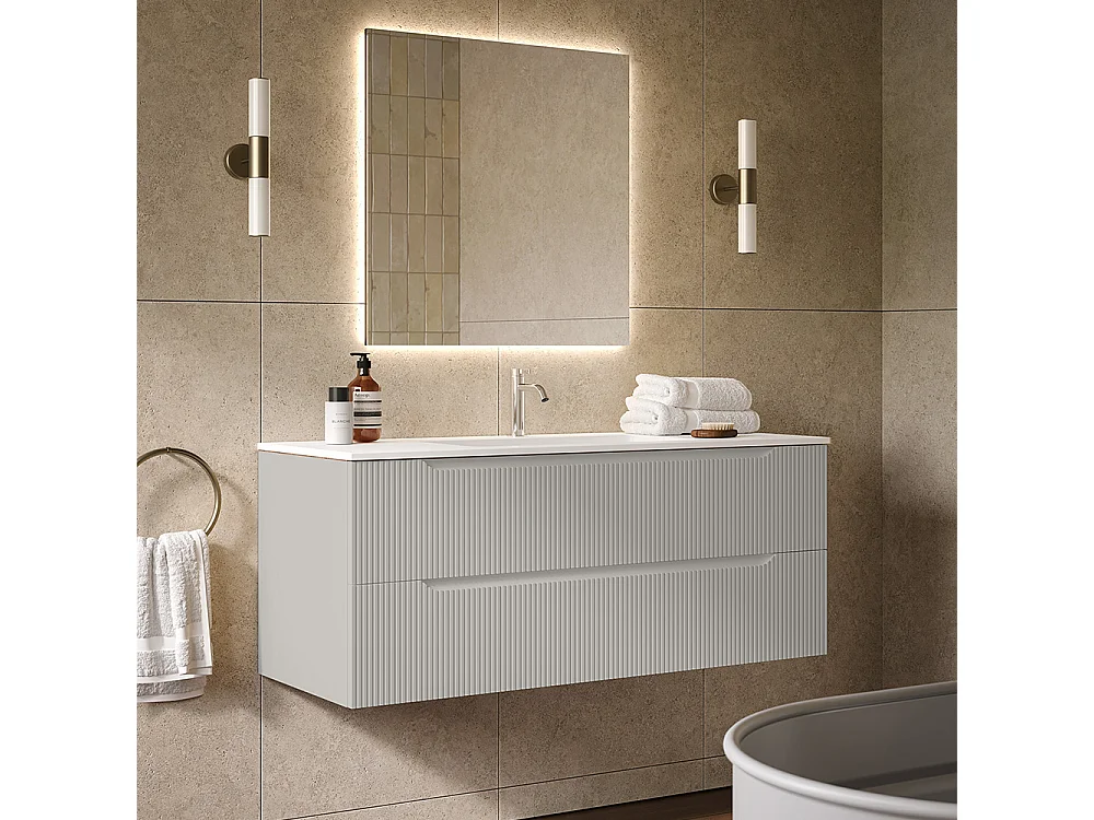 Version Vitrine De Salle De Bain Lynea À Nervures, Finition Gris Clair, 2 Tiroirs Et Lavabo Central