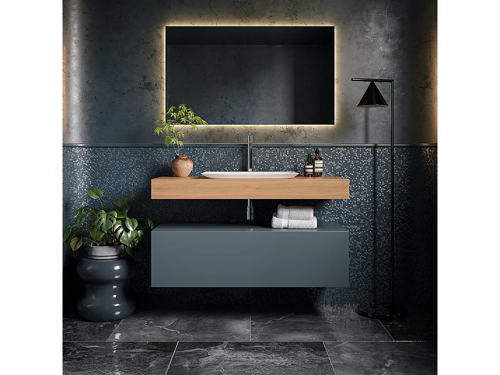 Meuble De Salle De Bain Lumis - 1 Commode Gris Foncé - Étagère En Chêne Naturel - Lavabo Central En Céramique - 32X120