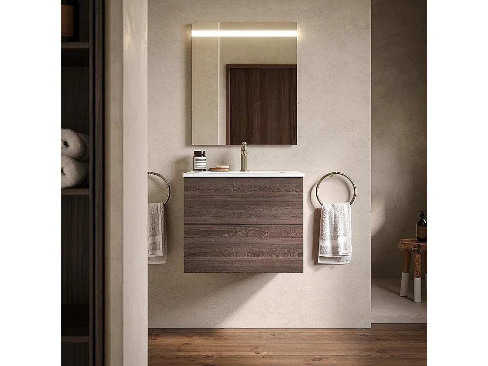 Etherische Badkamerkast, Donker Eikenhout Afwerking, 2 Lades En Centrale Wastafel