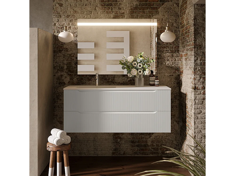 Version Rayurée Lynea De Salle De Bain, Finition Gris Clair, 2 Tiroirs Et Lavabo À Gauche