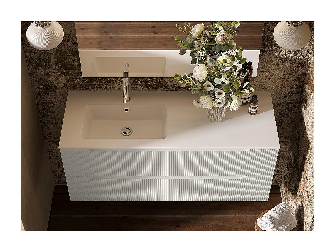 Version Rayurée Lynea De Salle De Bain, Finition Gris Clair, 2 Tiroirs Et Lavabo À Gauche