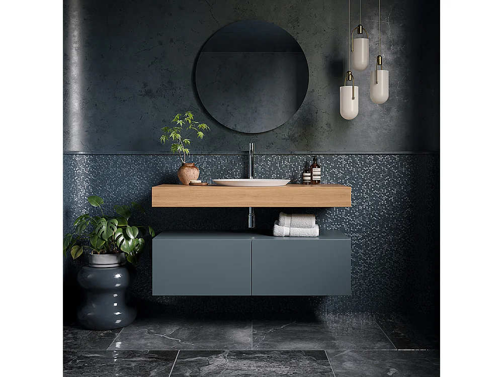 Meuble De Salle De Bain Lumis - 2 Tiroirs Gris Foncé - Étagère En Chêne Naturel - Lavabo Central En Céramique - 32X120