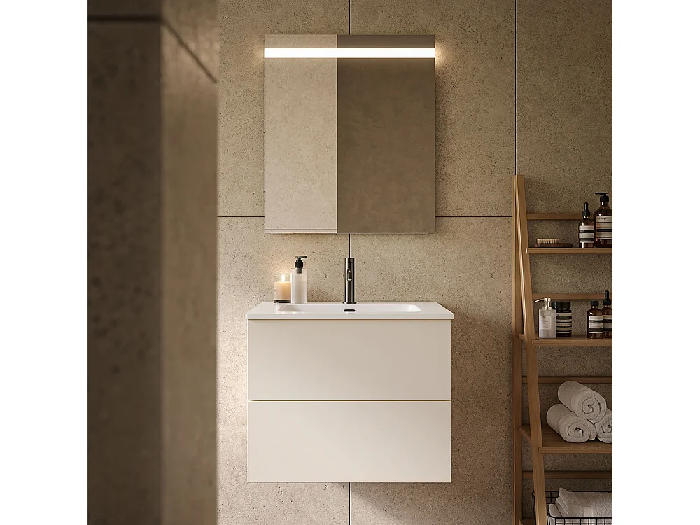 Etherische Badkamerkast, Witte Afwerking, 2 Lades En Centrale Wastafel