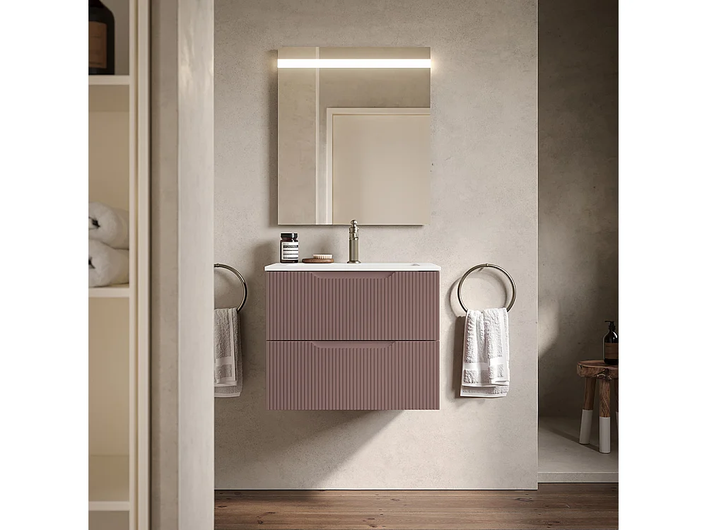 Lynea Badkamerkast Geribde Versie, Donkergrijze Afwerking, 2 Lades En Centrale Wastafel