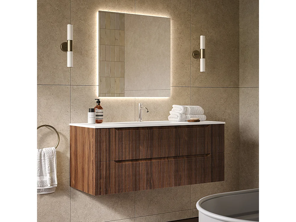 Lynea Badkamerkast Geribbelde Versie, Canaletto Walnootafwerking, 2 Lades En Centrale Wastafel