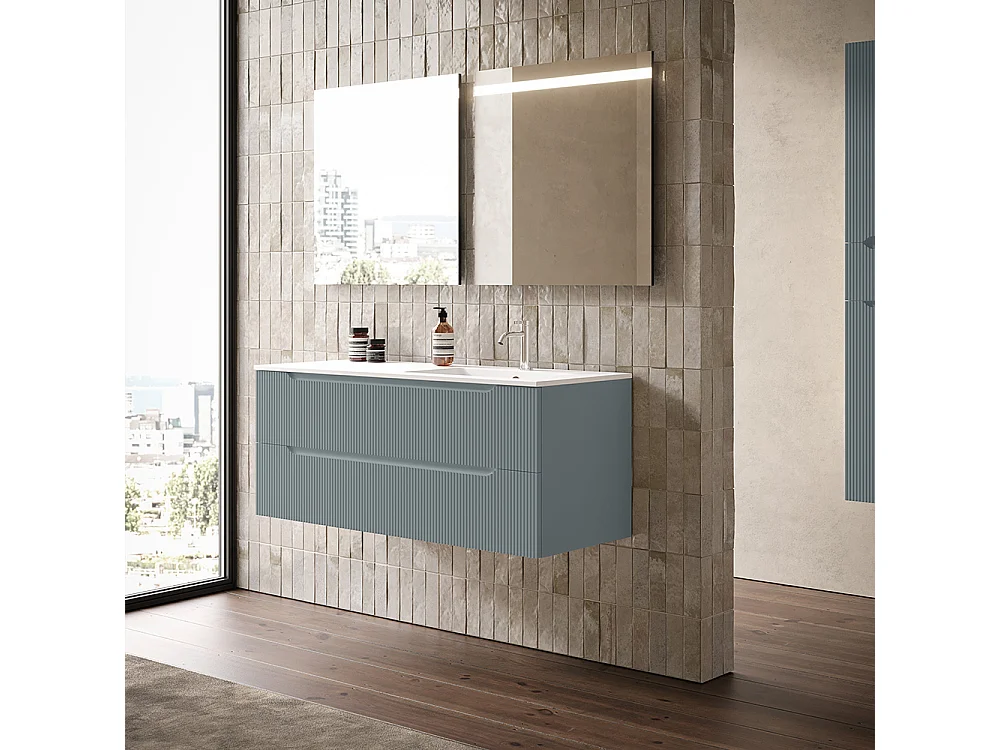 Version Nervurée Lynea D’Armoire De Salle De Bain, Finition Gris Foncé, 2 Tiroirs Et Lavabo À Droite