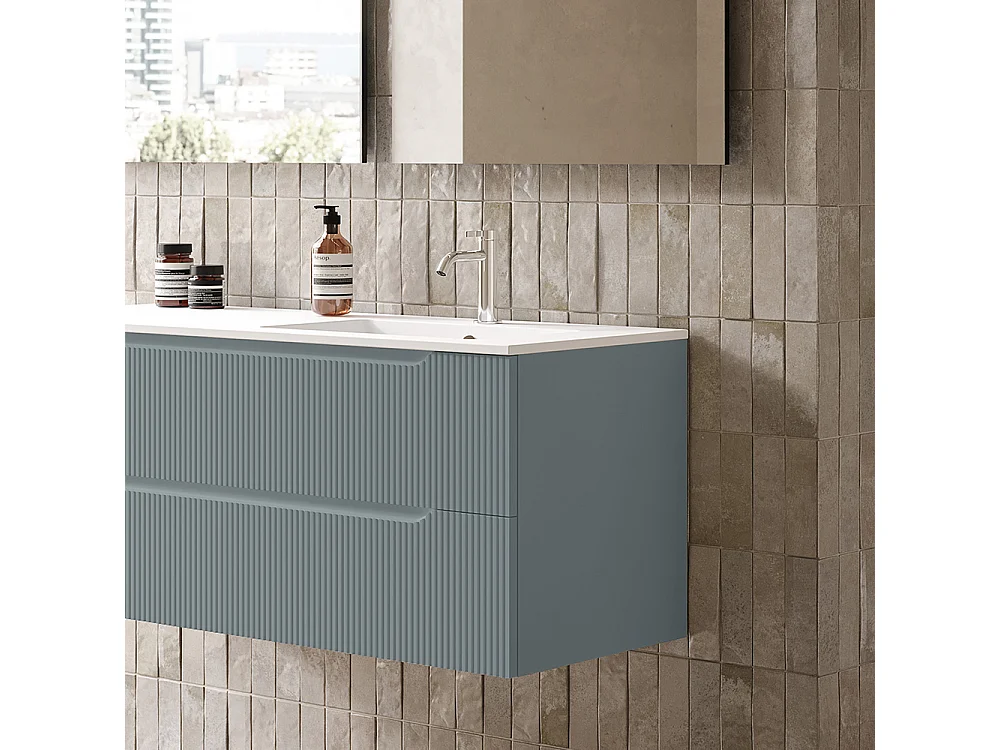 Version Nervurée Lynea D’Armoire De Salle De Bain, Finition Gris Foncé, 2 Tiroirs Et Lavabo À Droite