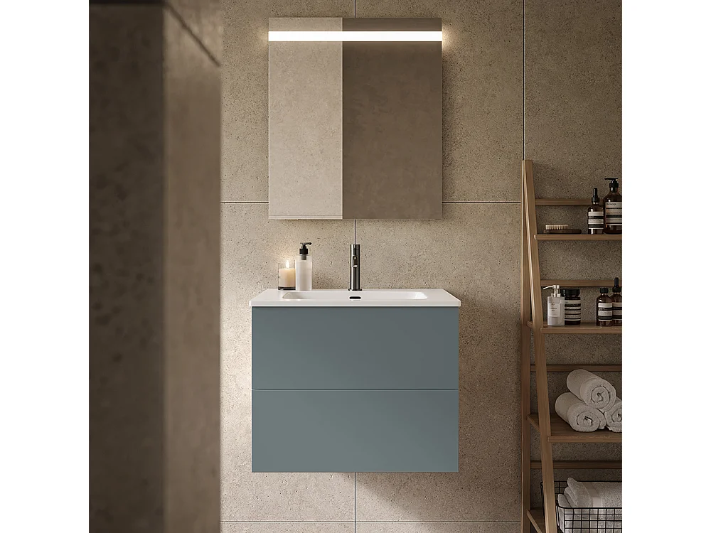 Placard De Salle De Bain Éthéré, Finition Gris Foncé, 2 Tiroirs Et Lavabo Central