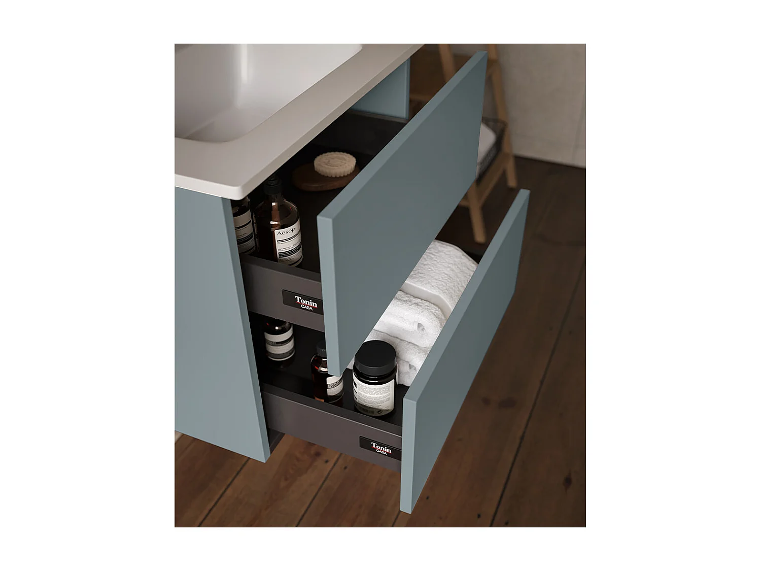 Placard De Salle De Bain Éthéré, Finition Gris Foncé, 2 Tiroirs Et Lavabo Central