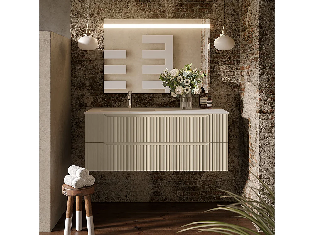 Lynea Badkamerkast Geribbeld Versie, Duifgrijs Afwerking, 2 Lades En Wastafel Links