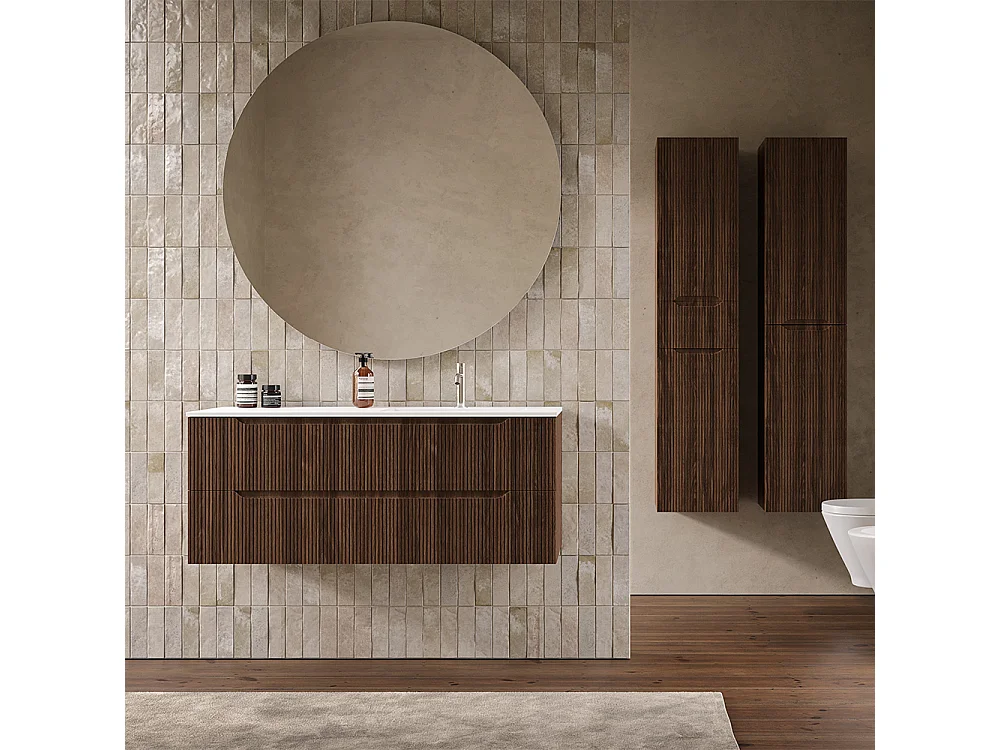 Lynea Badkamerkast Geribbelde Versie, Canaletto Walnootafwerking, 2 Lades En Wastafel Rechts