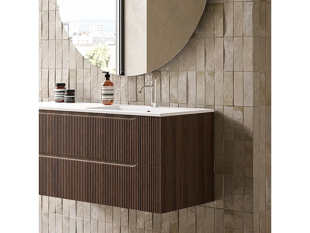 Lynea Badkamerkast Geribbelde Versie, Canaletto Walnootafwerking, 2 Lades En Wastafel Rechts