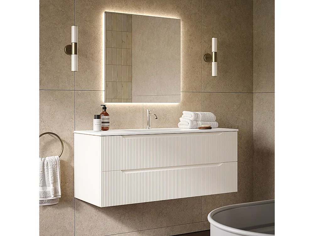 Lynea Badkamerkast Geribbeld Versie, Witte Afwerking, 2 Lades En Centrale Wastafel.