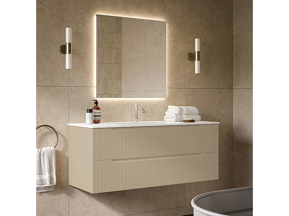 Lynea Badkamerkast Geribbelde Versie, Dove Grey Afwerking, 2 Lades En Centrale Wastafel