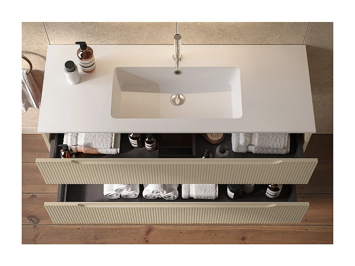 Lynea Badkamerkast Geribbelde Versie, Dove Grey Afwerking, 2 Lades En Centrale Wastafel