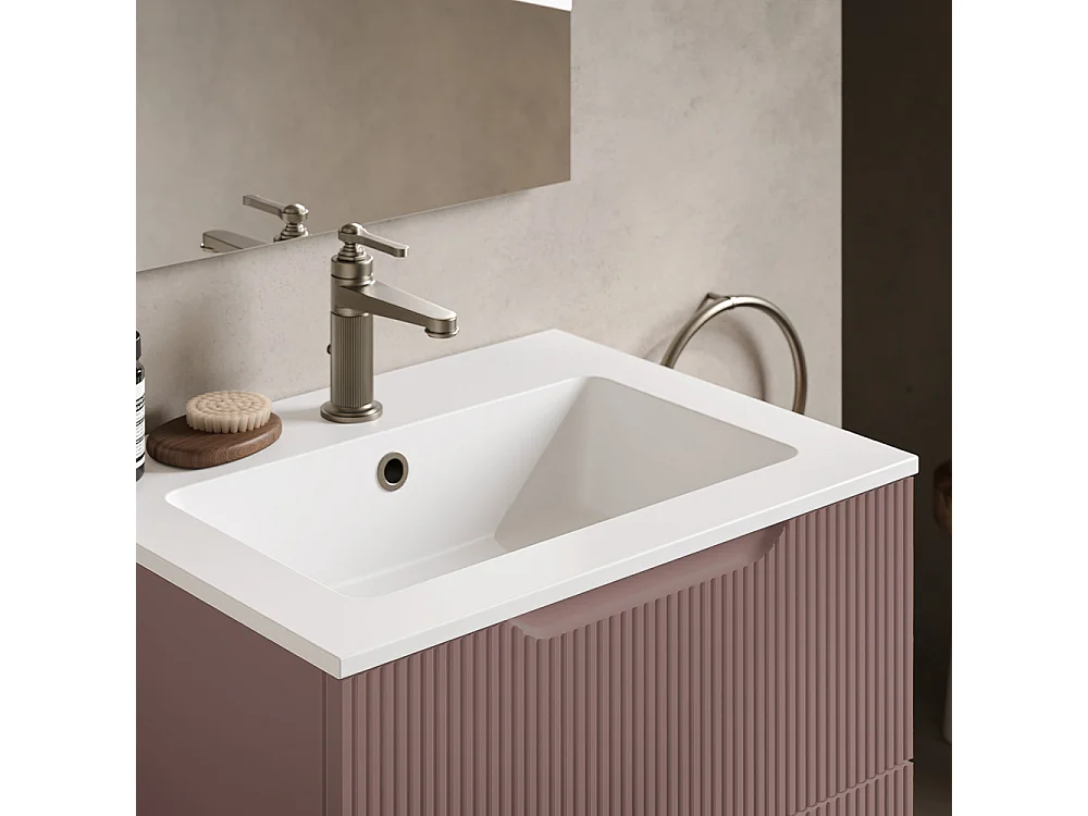 Lynea Badkamerkast Geribde Versie, Bruine Afwerking, 2 Lades En Centrale Wastafel