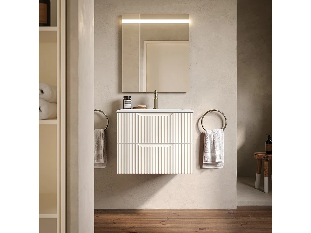 Lynea Badkamerkast Geribbeld Versie, Witte Afwerking, 2 Lades En Centrale Wastafel.