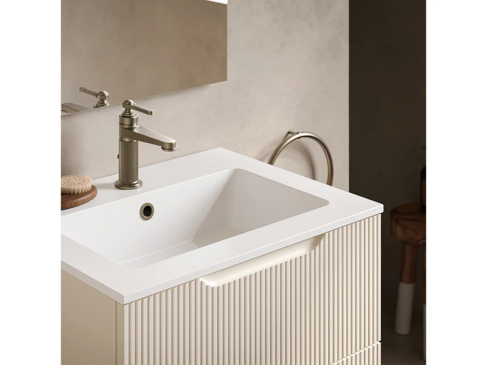 Lynea Badkamerkast Geribbeld Versie, Witte Afwerking, 2 Lades En Centrale Wastafel.