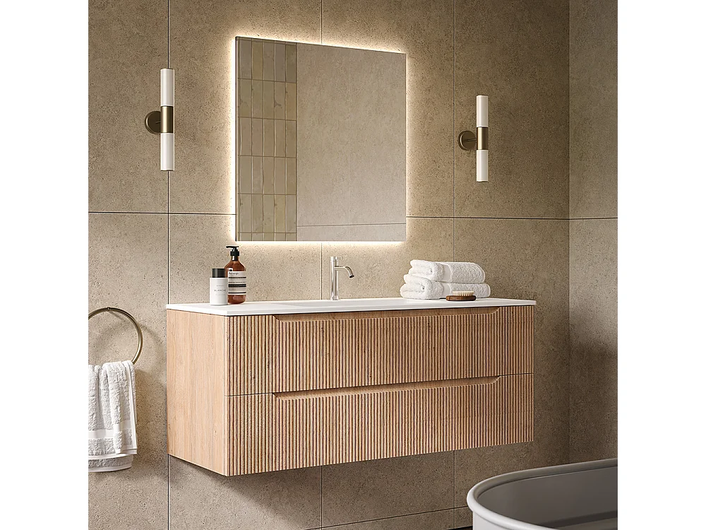 Lynea Badkamerkast Geribbelde Versie, Natuurlijke Eikenhouten Afwerking, 2 Lades En Centrale Wastafel.