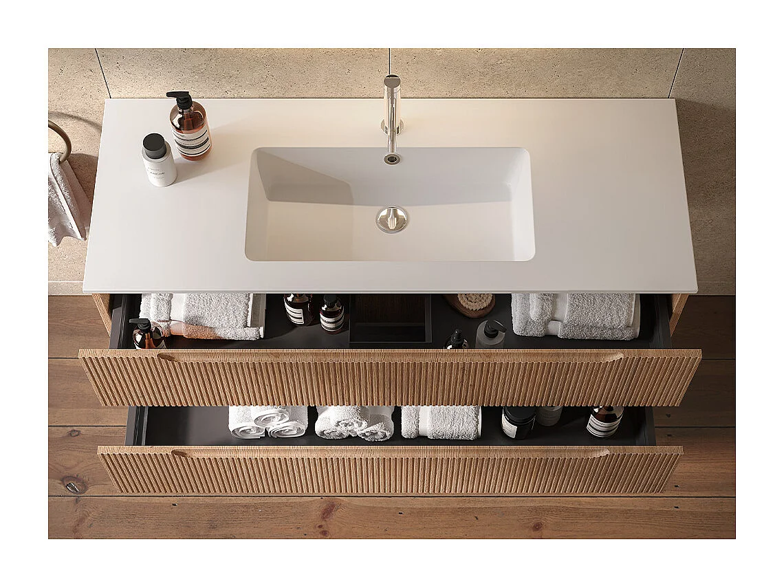 Lynea Badkamerkast Geribbelde Versie, Natuurlijke Eikenhouten Afwerking, 2 Lades En Centrale Wastafel.