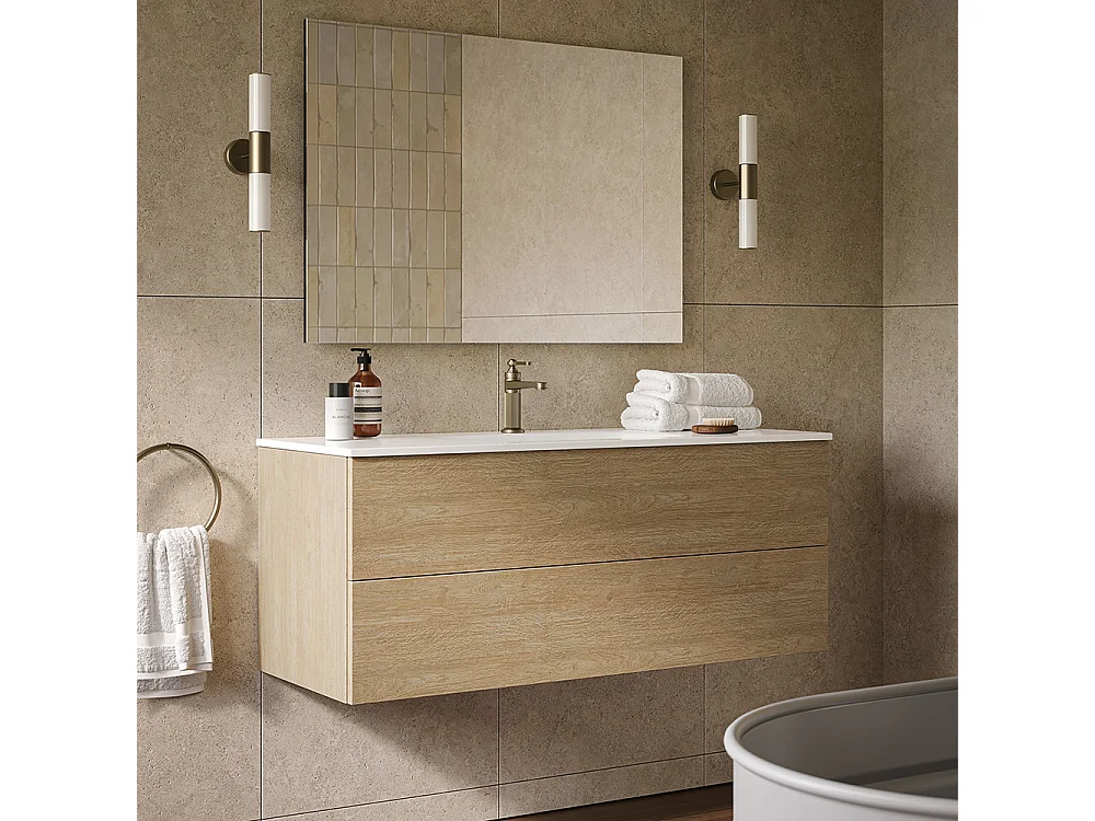 Etherische Badkamerkast, Gebleekte Eikenhouten Afwerking, 2 Lades En Centrale Wastafel