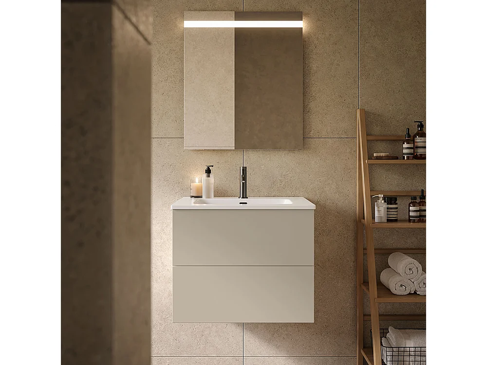 Etherische Badkamerkast, Duifgrijs Afwerking, 2 Lades En Centrale Wastafel