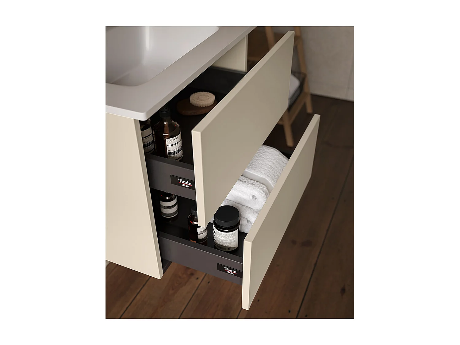 Etherische Badkamerkast, Duifgrijs Afwerking, 2 Lades En Centrale Wastafel