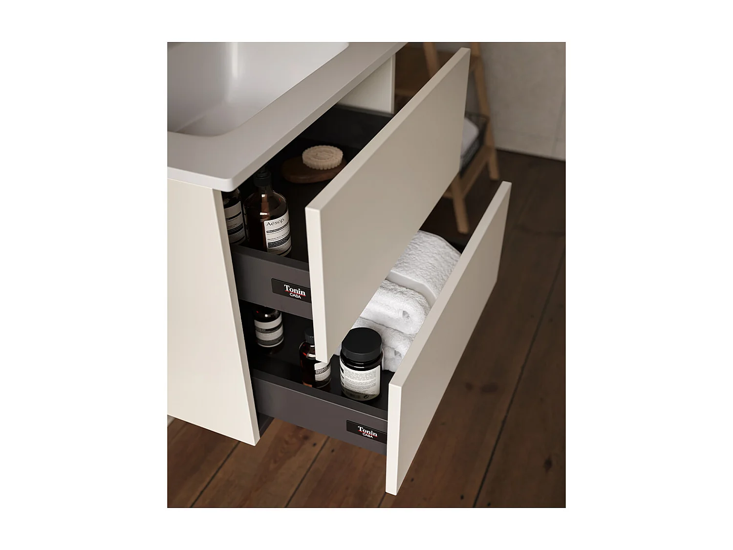 Etherische Badkamerkast, Witte Afwerking, 2 Lades En Centrale Wastafel