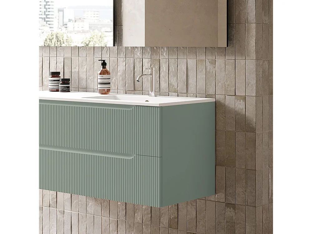 Lynea Badkamerkast Geribbelde Versie, Salieafwerking, 2 Lades En Wastafel Rechts