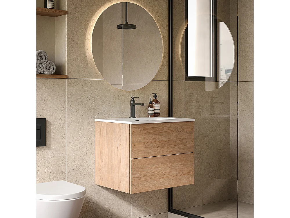 Etherische Badkamerkast, Natuurlijke Eikenhouten Afwerking, 2 Lades En Centrale Wastafel