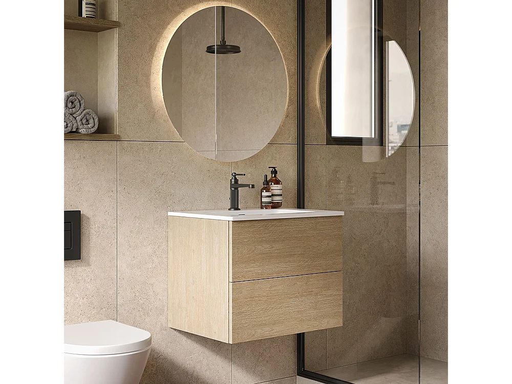 Etherische Badkamerkast, Gebleekte Eikenhouten Afwerking, 2 Lades En Centrale Wastafel