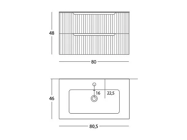 Lynea Badkamerkast Geribbelde Versie, Natuurlijke Eikenhouten Afwerking, 2 Lades En Centrale Wastafel.