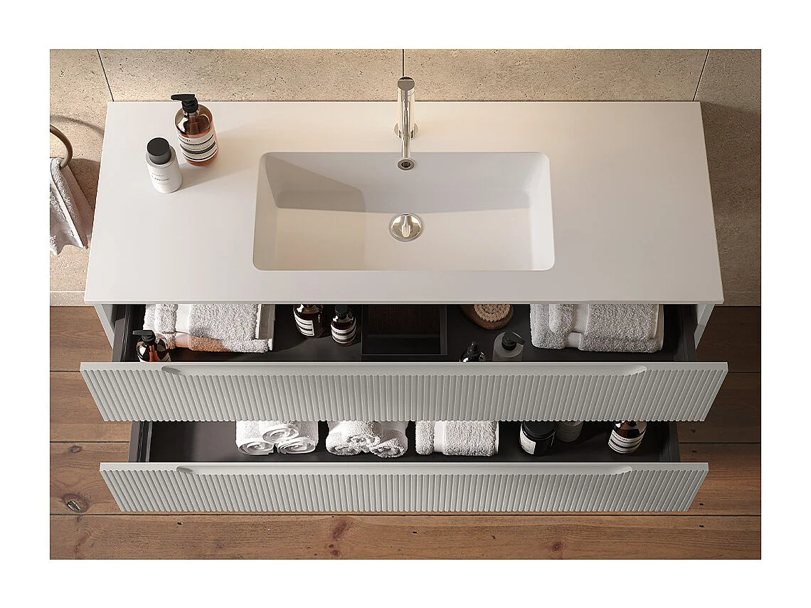 Version Vitrine De Salle De Bain Lynea À Nervures, Finition Gris Clair, 2 Tiroirs Et Lavabo Central