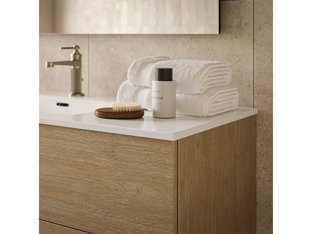 Etherische Badkamerkast, Gebleekte Eikenhouten Afwerking, 2 Lades En Centrale Wastafel