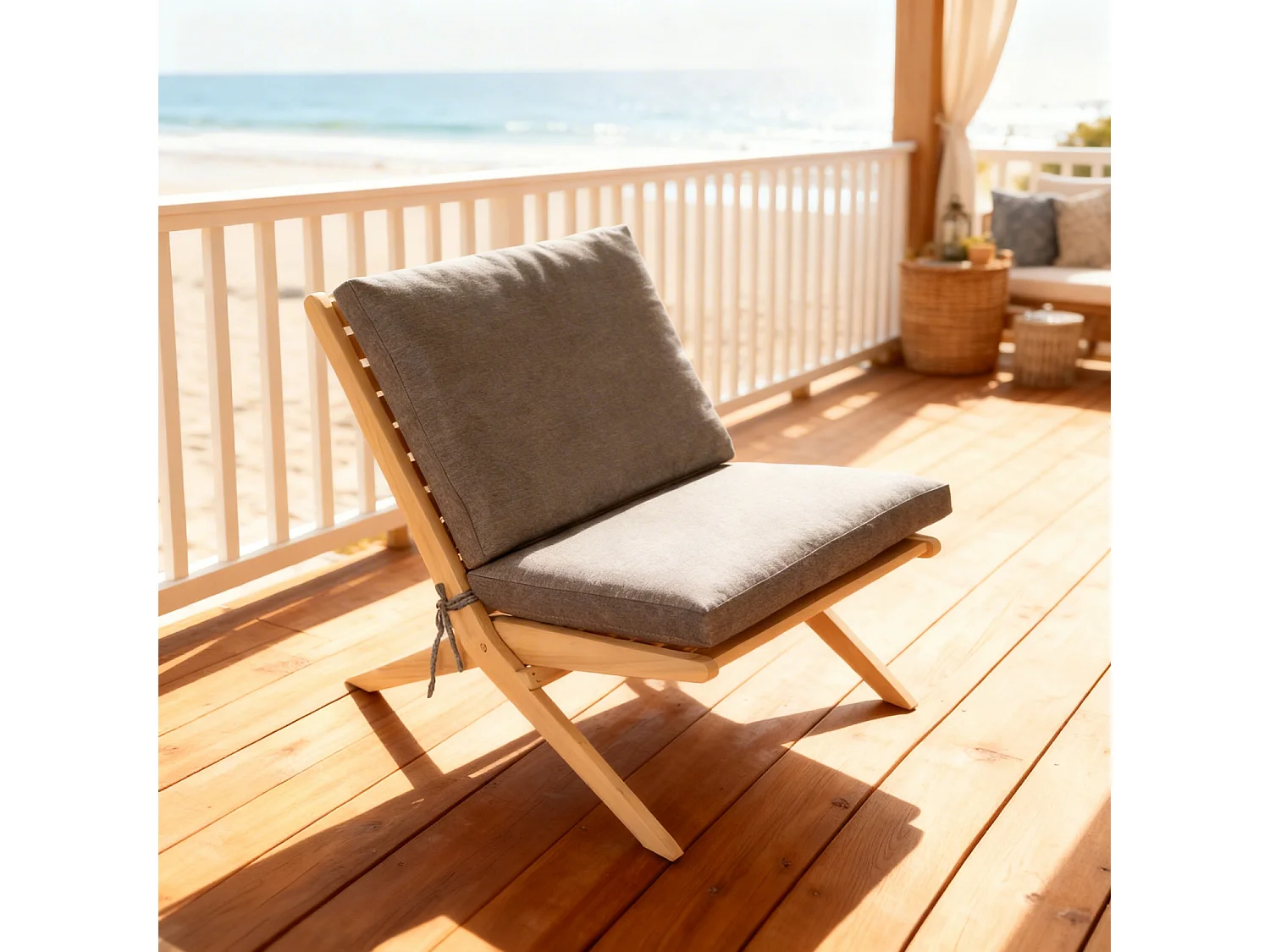 Fauteuil pliant en acacia et coussins gris FARO - HAPPY GARDEN