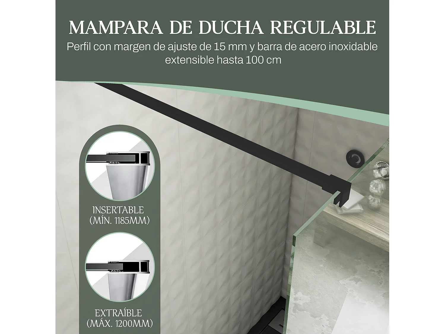 Mampara de Ducha Fija + Abatible Cristal 8 mm Antical con Perfil Negro Mate y Barra de Sujeción Extensible y Orientable – 100cm Fijo + 40cm Abatible x 200cm Alto