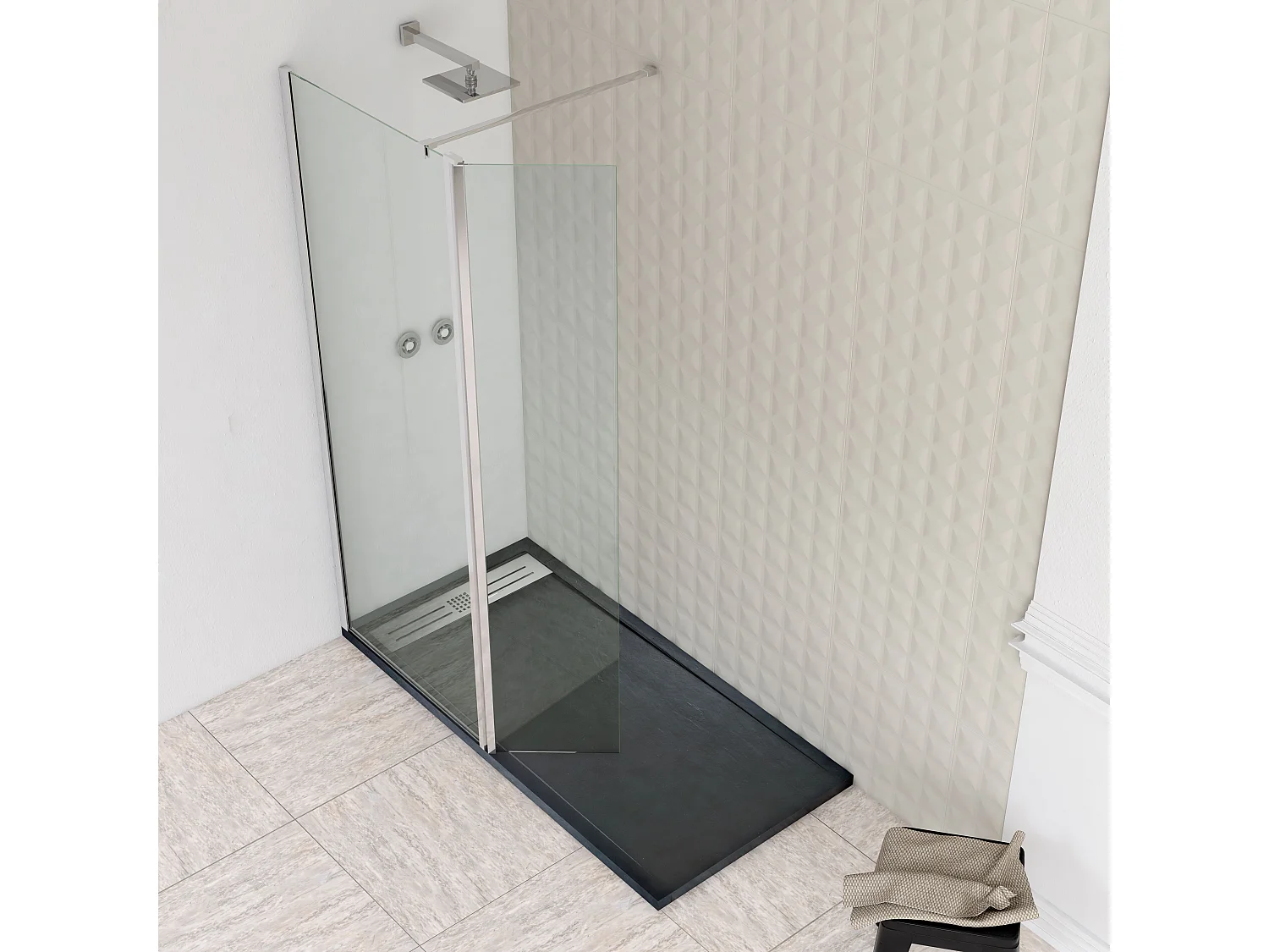 Mampara de Ducha Fija + Abatible Cristal 8 mm Antical con Perfil Cromo Brillo y Barra de Sujeción Extensible y Orientable – 110cm Fijo + 40cm Abatible x 200cm Alto