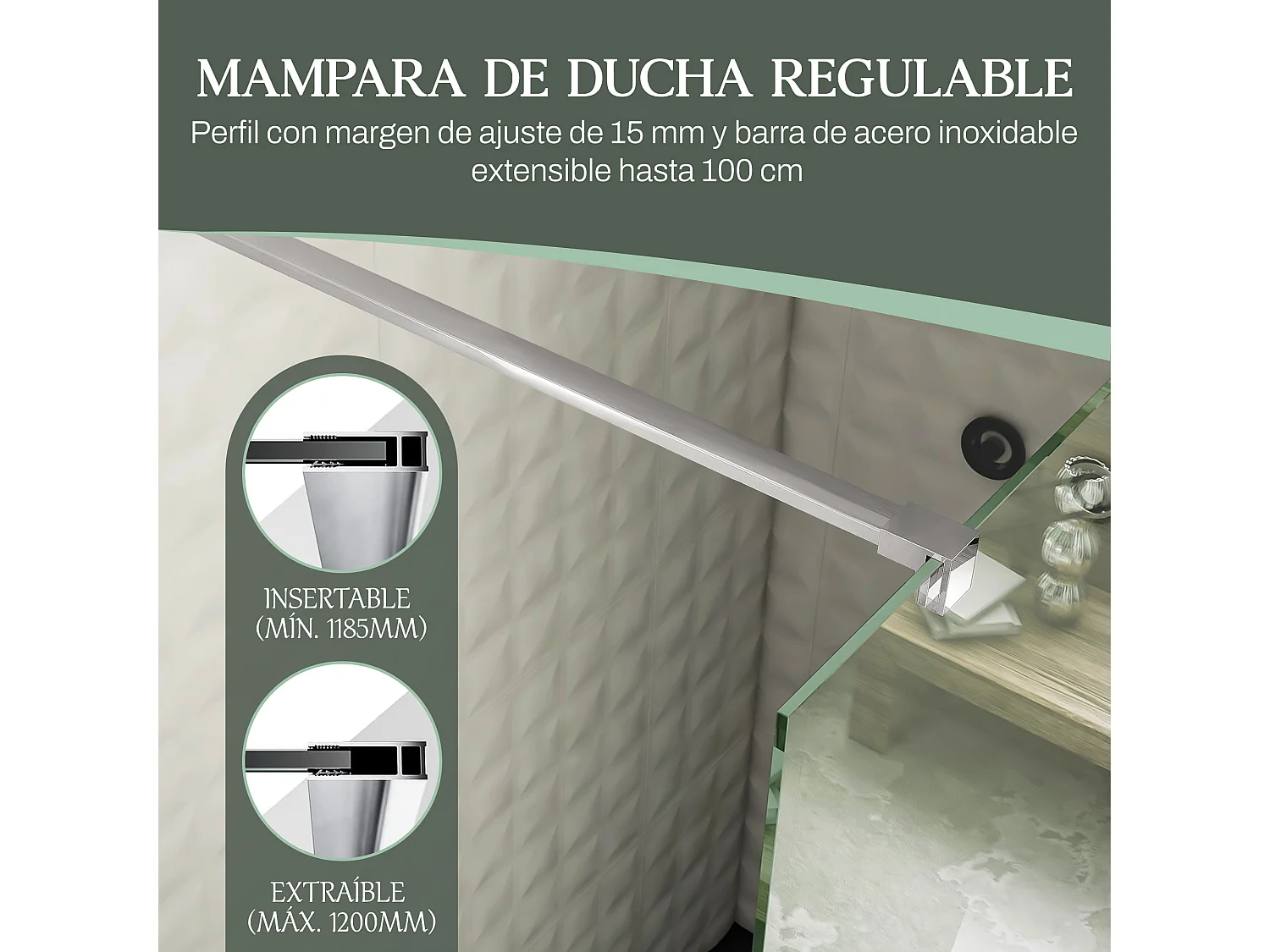 Mampara de Ducha Fija + Abatible Cristal 8 mm Antical con Perfil Cromo Brillo y Barra de Sujeción Extensible y Orientable – 80cm Fijo + 40cm Abatible x 200cm Alto