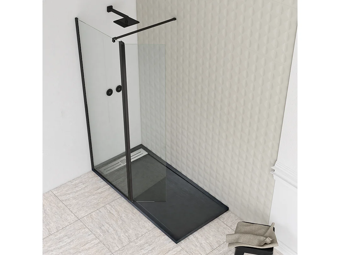 Mampara de Ducha Fija + Abatible Cristal 8 mm Antical con Perfil Negro Mate y Barra de Sujeción Extensible y Orientable – 90cm Fijo + 40cm Abatible x 200cm Alto