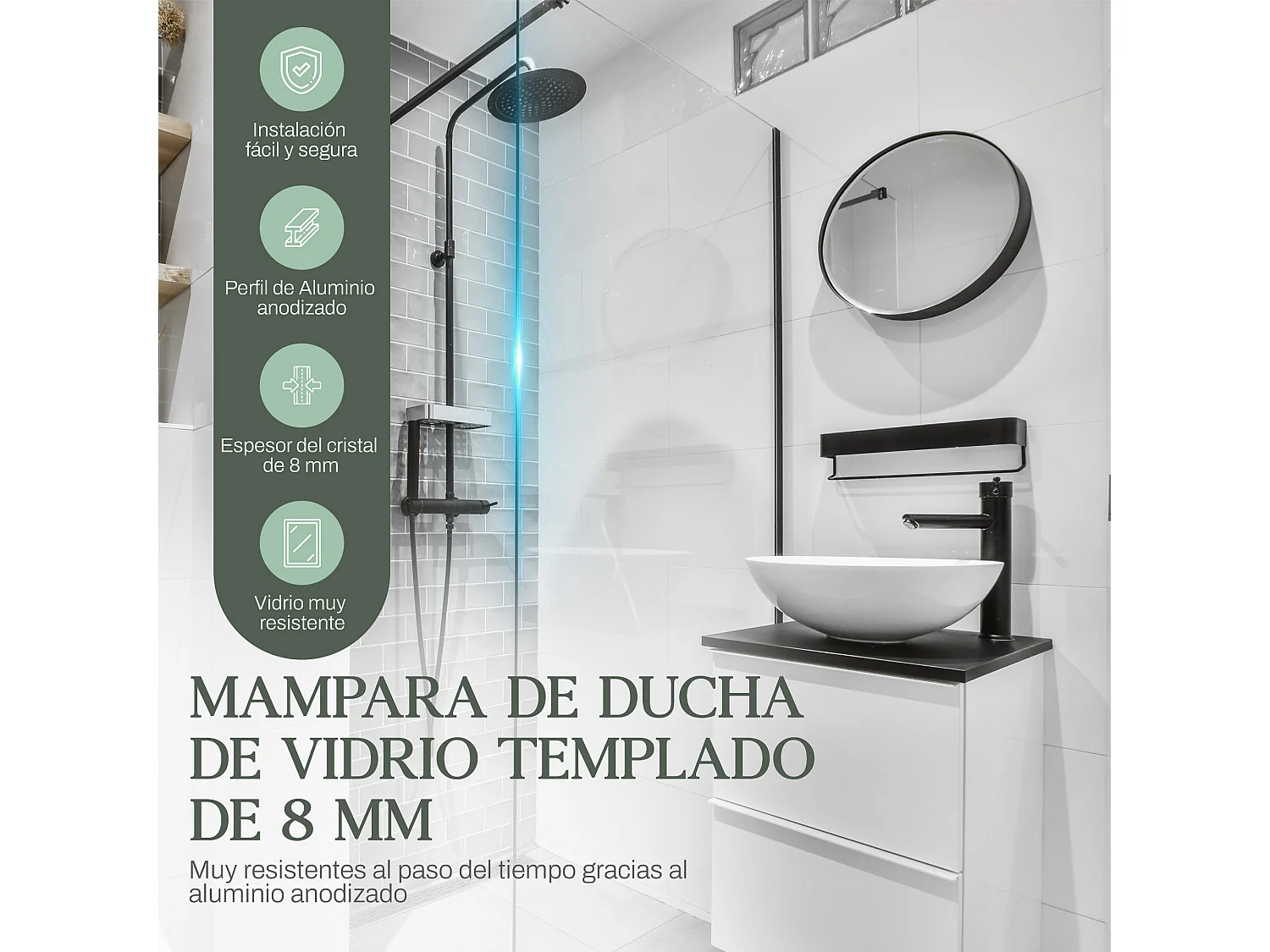 Mampara de Ducha Fija + Abatible Cristal 8 mm Antical con Perfil Negro Mate y Barra de Sujeción Extensible y Orientable – 90cm Fijo + 40cm Abatible x 200cm Alto