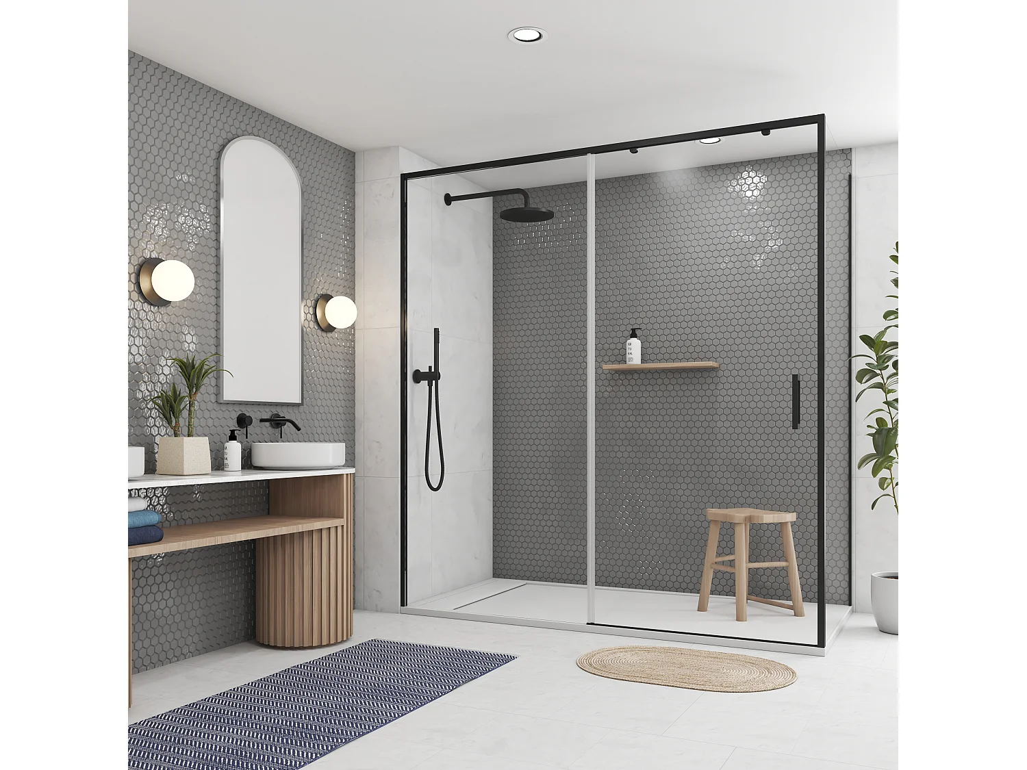 Mampara de Ducha Corredera Angular 1 Puerta + 2 Fijos con Cristal Templado 6 mm Antical Negro Mate 168,5-173 cm (Lado Puerta) + 87,5-90 cm (Fijo Lateral) x 195 cm