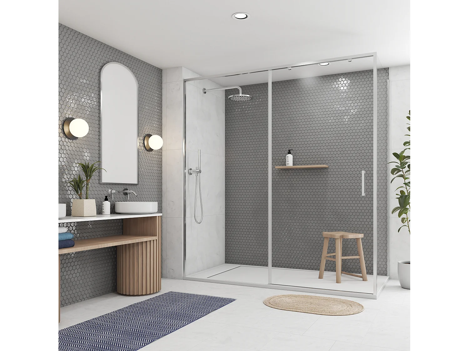 Mampara de Ducha Corredera Angular 1 Puerta + 2 Fijos con Cristal Templado 6 mm Antical Plata Brillo 98,5-103 cm (Lado Puerta) + 67,5-70 cm (Fijo Lateral) x 195 cm