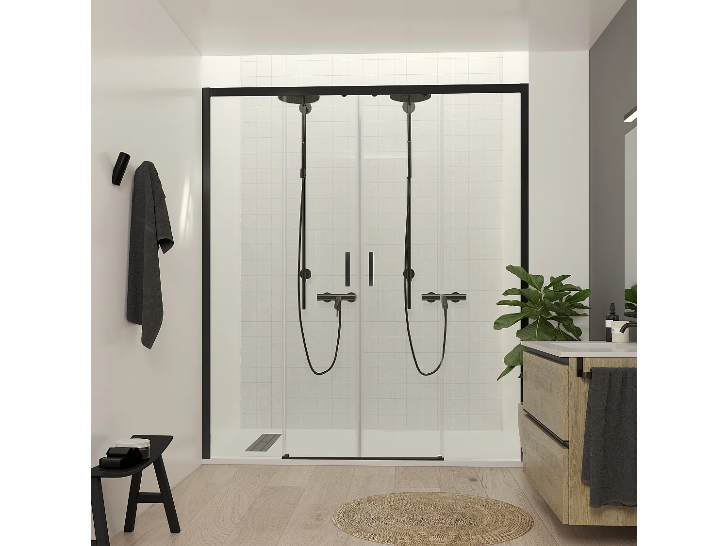 Mampara De Ducha Corredera con Cristal Templado 6 mm – Tratamiento Antical Y Perfil Negro Mate 159-161 cmAncho Ajustable x 195 cm Alto Con Sistema Hermético