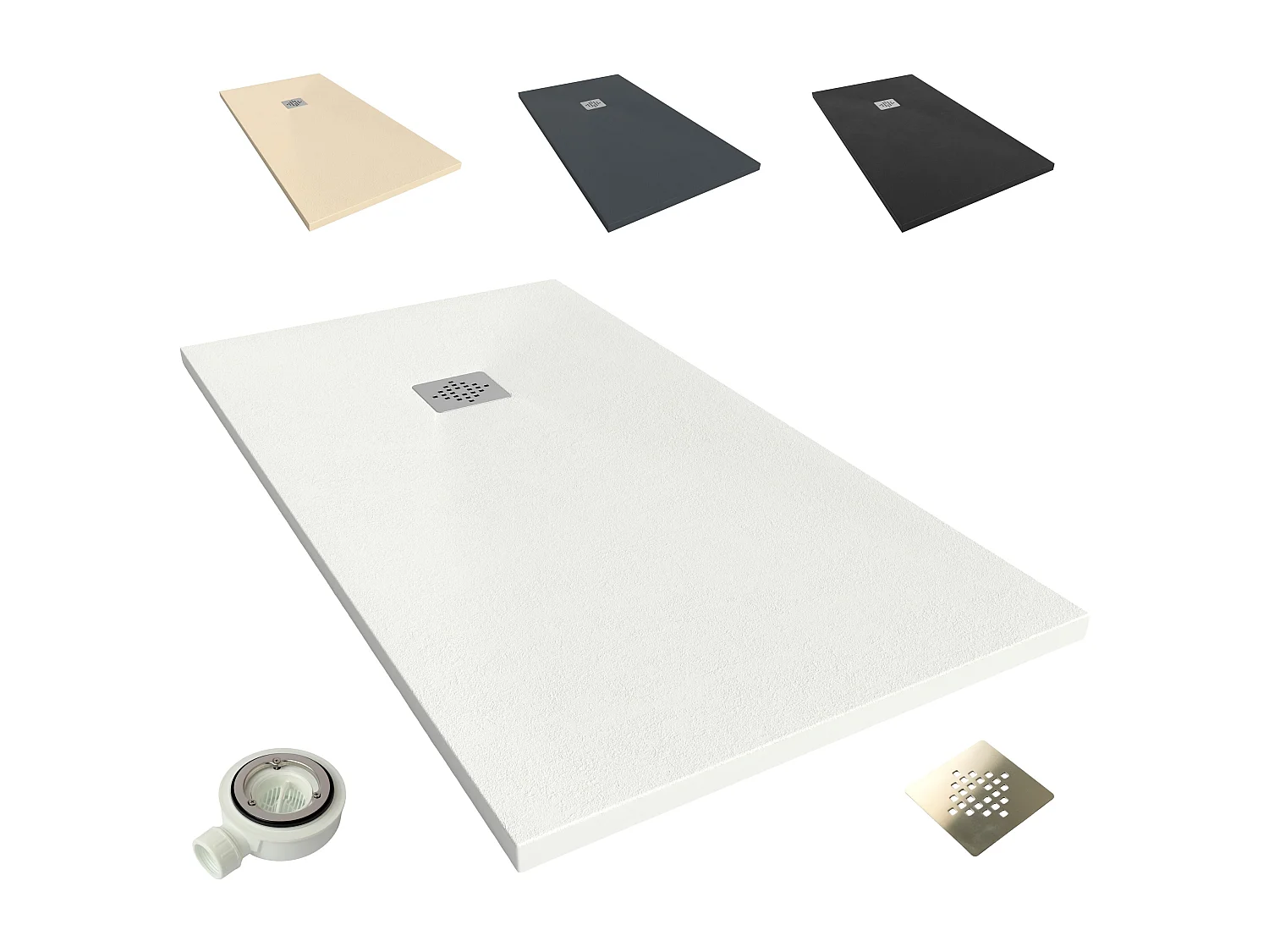Plato de Ducha de Modelo Roma II – Plato Ducha Resina con Textura Pizarra – Blanco (RAL 9003) 100x130 cm – Incluye Válvula Desagüe y Rejilla