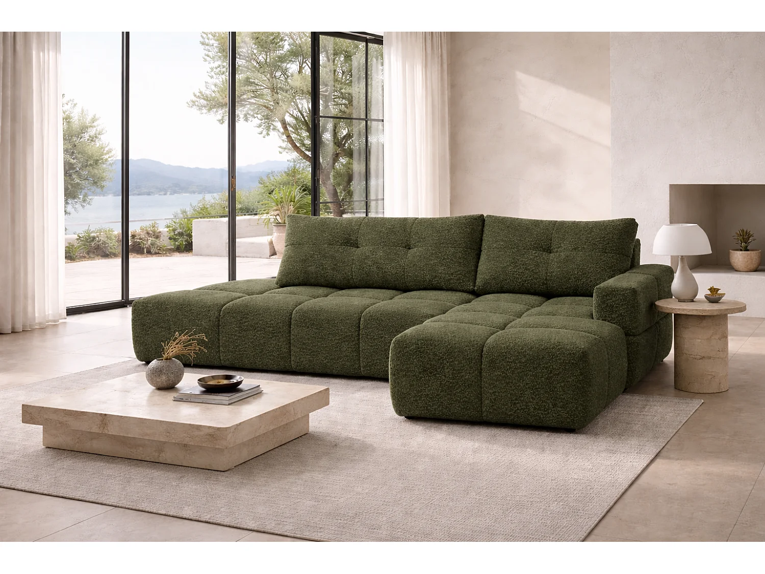 Canapé d’angle droit BUSSO en bouclé vert bouteille – ouverture rapide, fonction couchage type BUBLE, coffre de rangement