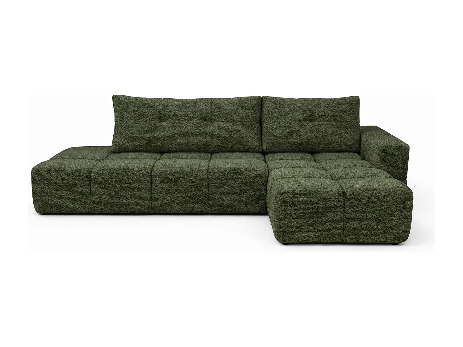 Canapé d’angle droit BUSSO en bouclé vert bouteille – ouverture rapide, fonction couchage type BUBLE, coffre de rangement