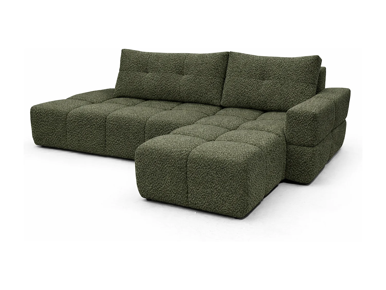 Canapé d’angle droit BUSSO en bouclé vert bouteille – ouverture rapide, fonction couchage type BUBLE, coffre de rangement