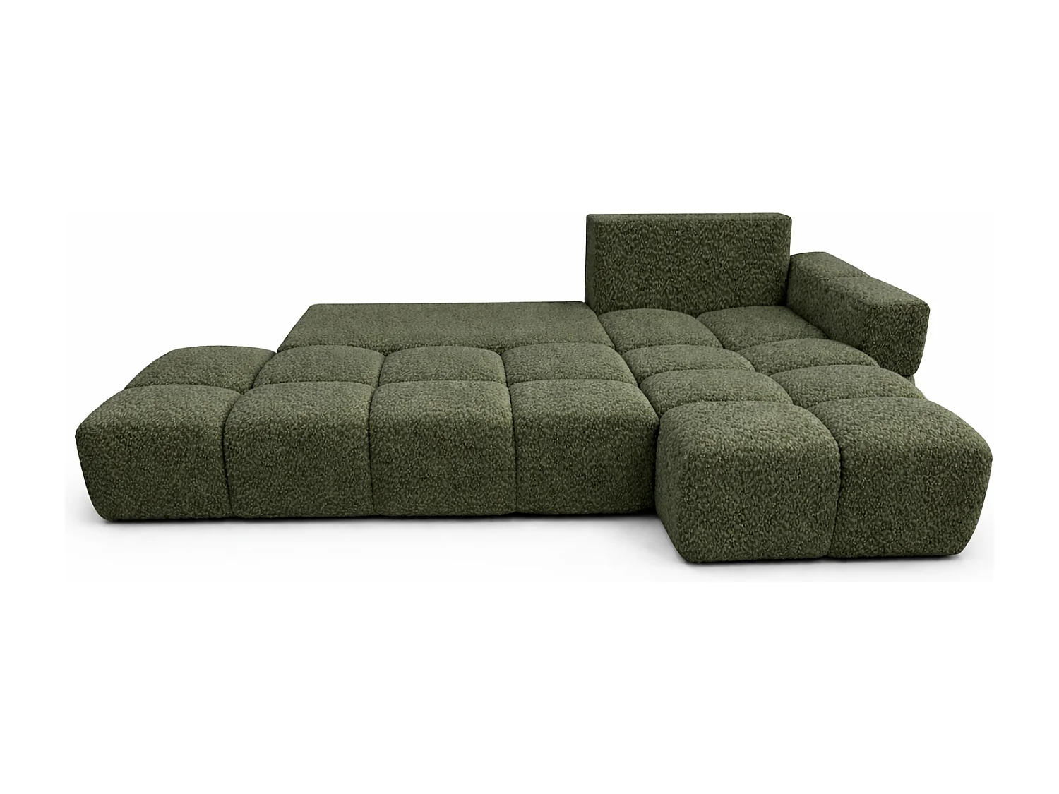 Canapé d’angle droit BUSSO en bouclé vert bouteille – ouverture rapide, fonction couchage type BUBLE, coffre de rangement