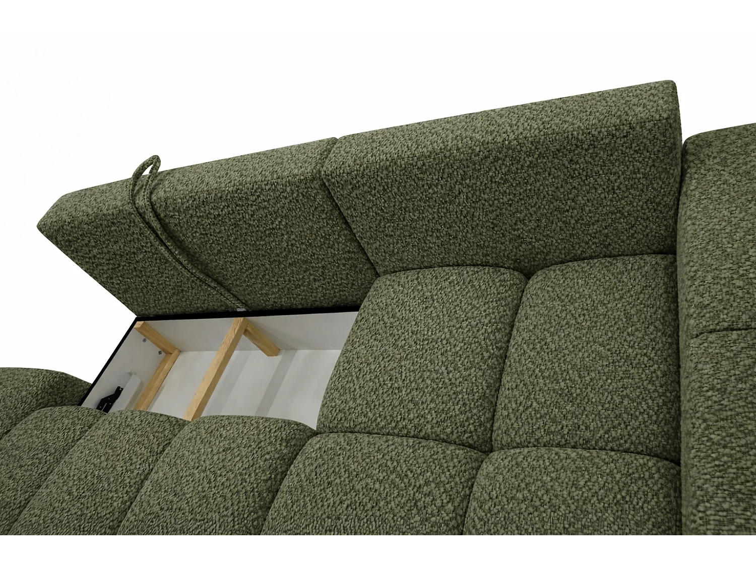 Canapé d’angle droit BUSSO en bouclé vert bouteille – ouverture rapide, fonction couchage type BUBLE, coffre de rangement