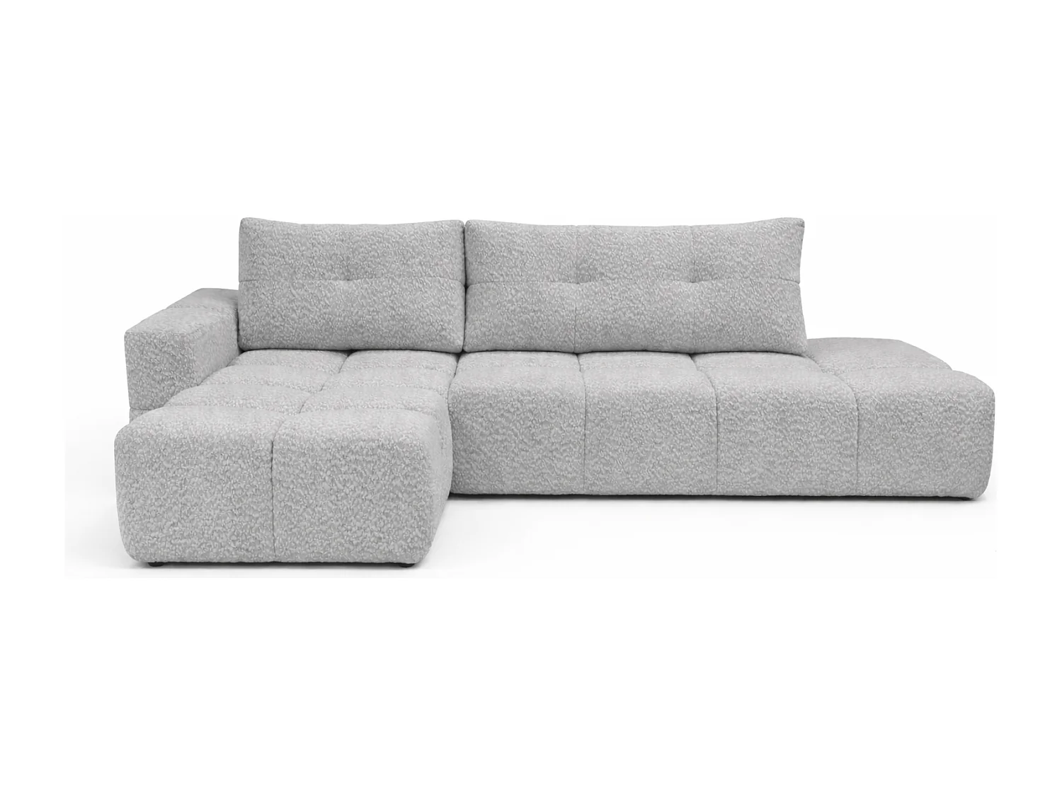 Canapé d’angle gauche BUSSO en bouclé blanc – ouverture rapide, fonction couchage type BUBLE, coffre de rangement